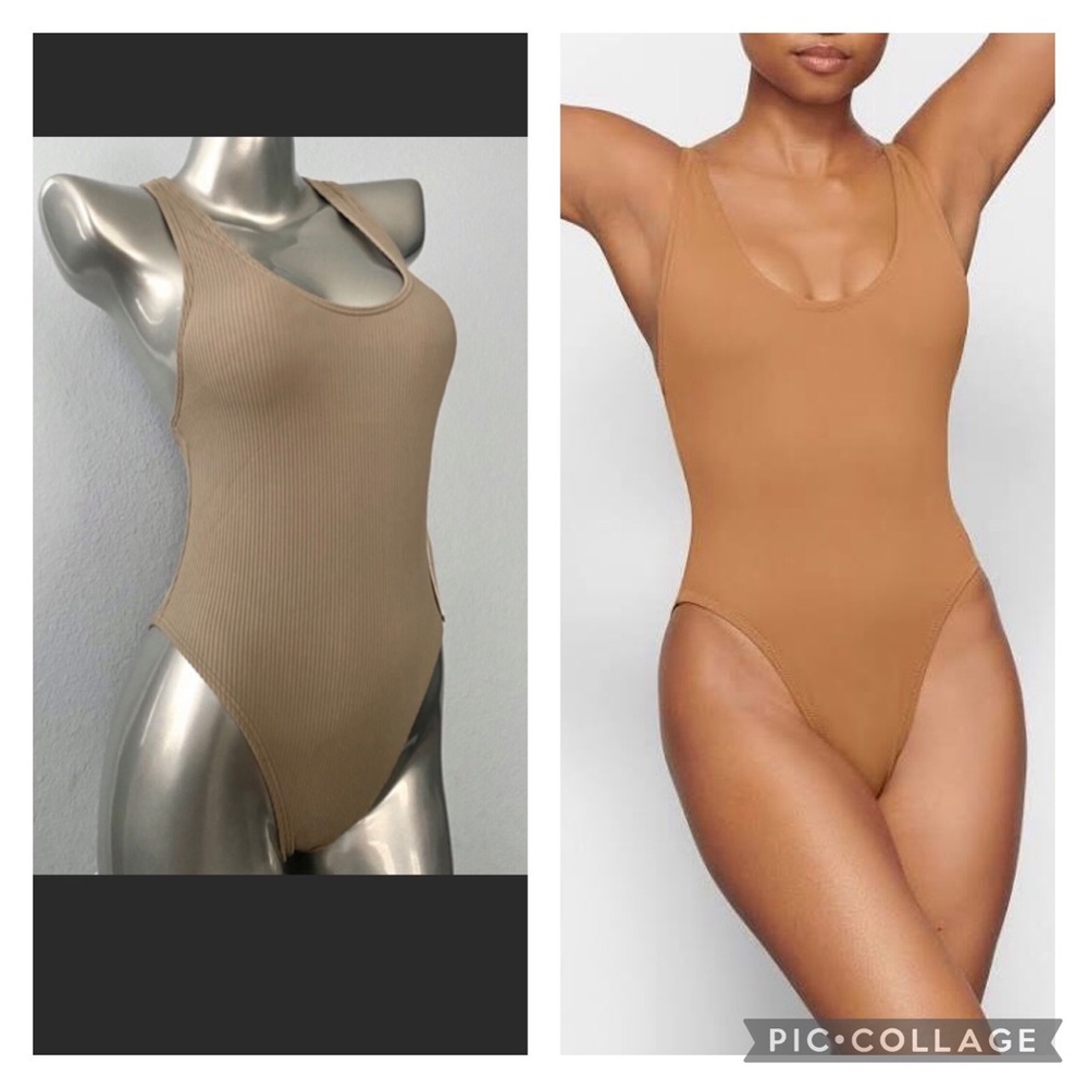 NWT  Calvin Klein Nude Beige Ribbed one piece Swimsuit racer back